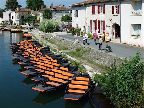 Een rij felgekleurde bootjes ligt aangemeerd langs een kanaal in Arçais, Frankrijk, met mensen die langs historische gebouwen wandelen en genieten van een zonnige dag.