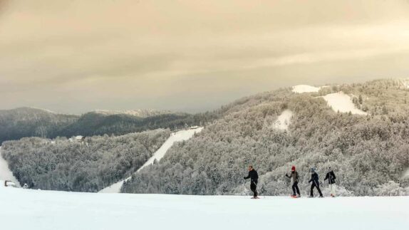 Vier langlaufers glijden over een sneeuwveld met op de achtergrond dichtbegroeide, besneeuwde bossen en heuvels. Het landschap van de Vogezen in Frankrijk straalt rust en sereniteit uit onder een gouden lucht