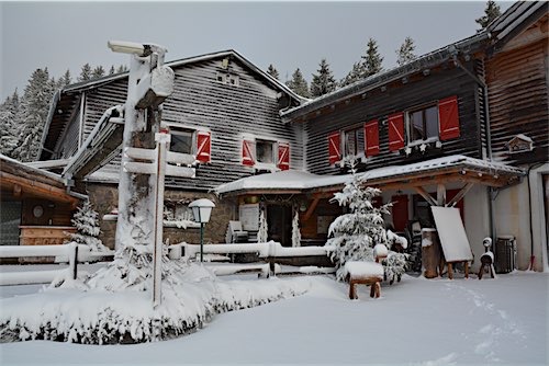 Een schilderachtig houten chalet bedekt met verse sneeuw in de Vogezen, Frankrijk. Het chalet heeft rode luiken en een stenen schoorsteen. Er staan enkele sneeuwbedekte bomen en een houten bankje voor het chalet. Een oude houten slee leunt tegen een van de bomen.