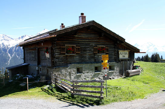 Een traditioneel houten chalet in Graubünden, Zwitserland, gelegen op een heuvel met een adembenemend uitzicht op besneeuwde bergtoppen. Bewegwijzering en een houten hek staan voor het chalet.